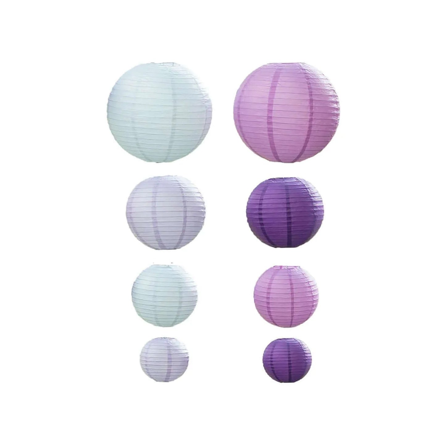 Set of 8 Mixed Purple White Hanging Paper Lanterns, Decorative Round Chinese Sky Lanterns, Assorted Sizes - 6",8",10",14"