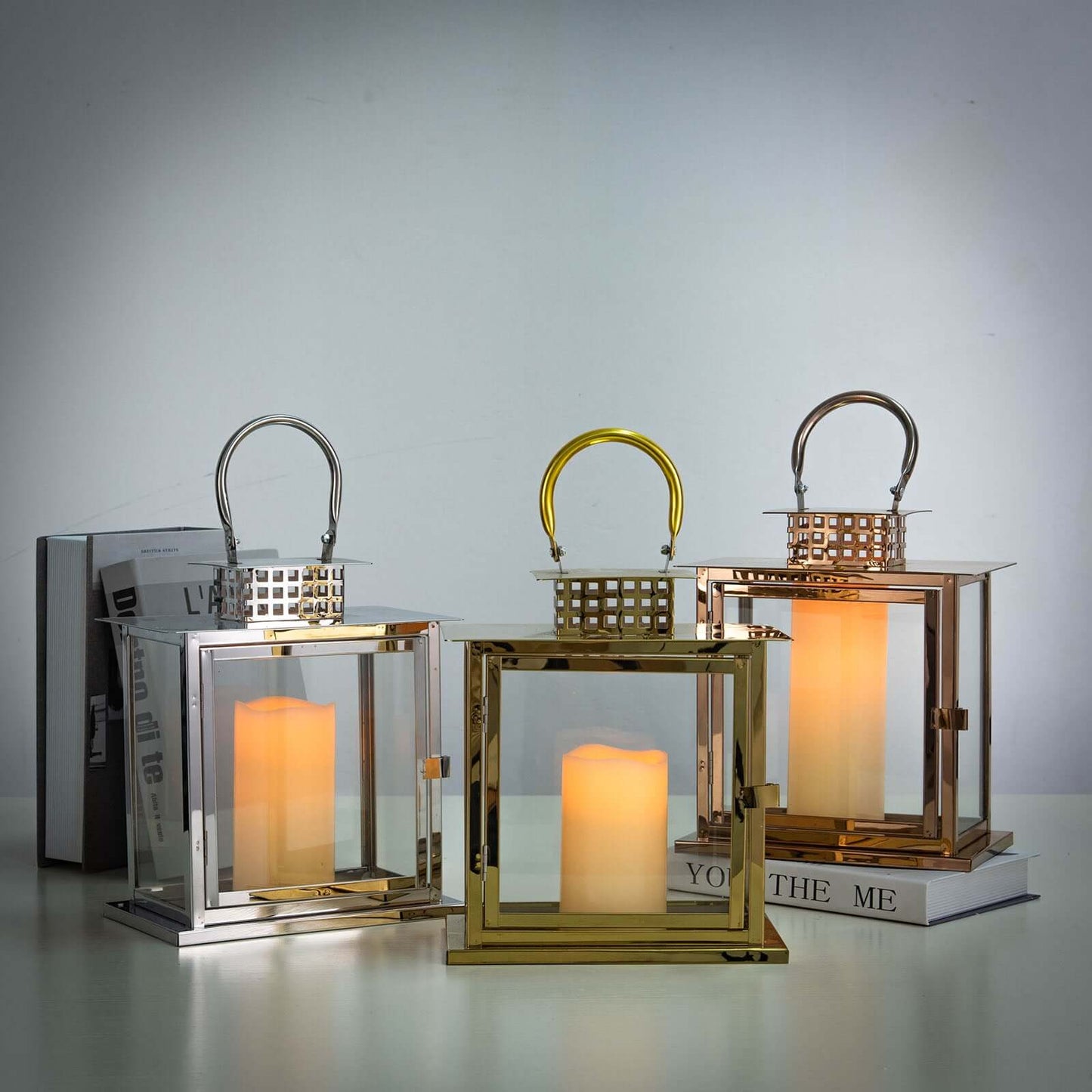 Stainless Steel Candle Lantern Cage Top Design Rose Gold - Outdoor Metal Patio Lantern Centerpiece 10"