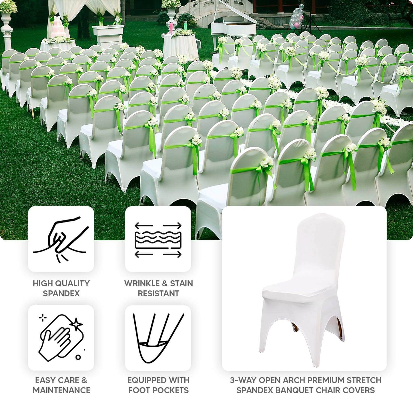 Premium Stretch Spandex Chair Cover for Banquet Chairs White - Durable Fitted 160GSM Fabric with 3-Way Open Arch & Foot Pockets