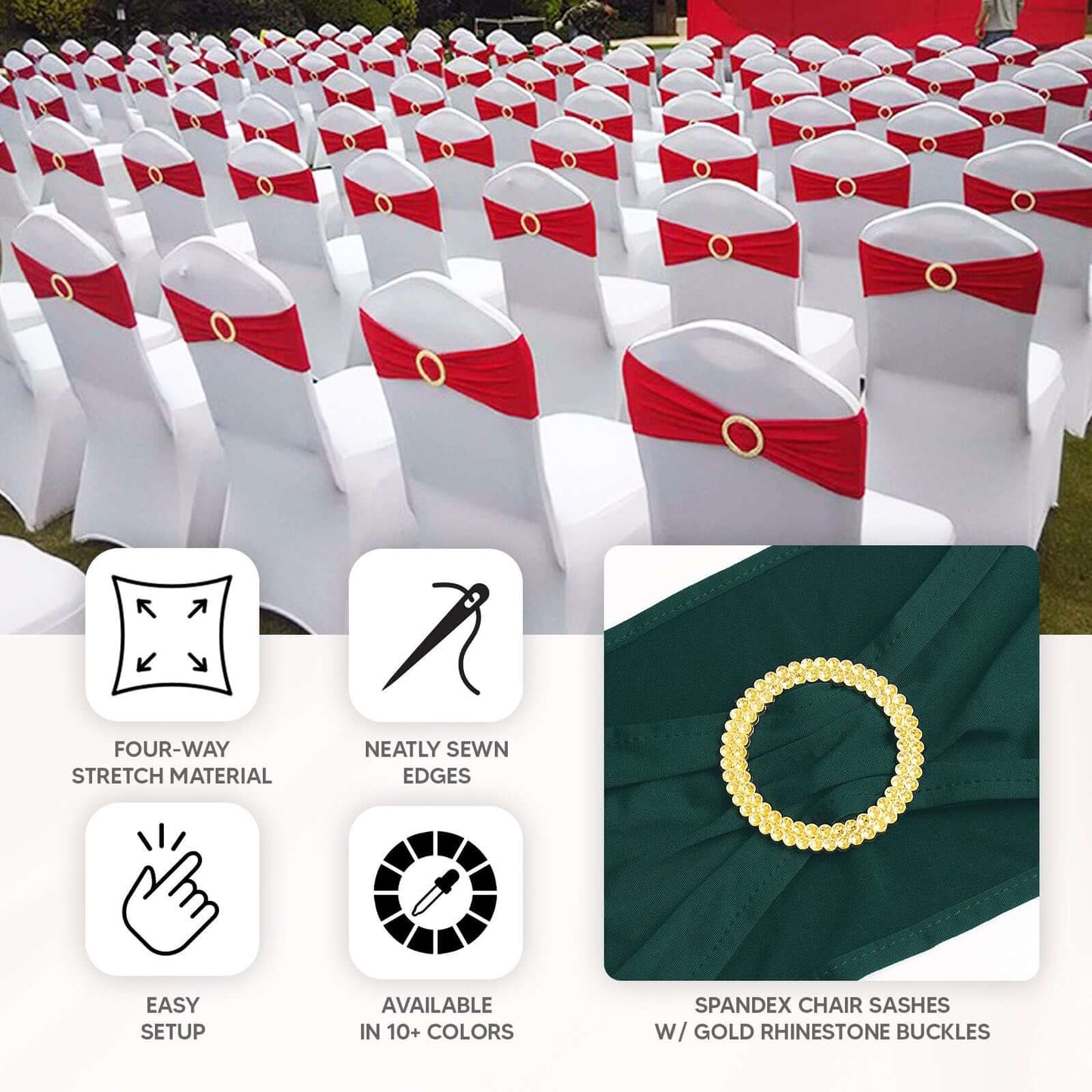 5 Pack Spandex Chair Sashes Purple with Gold Rhinestone Buckles - Reusable Four-Way Stretch Sash Bands 5"x14"