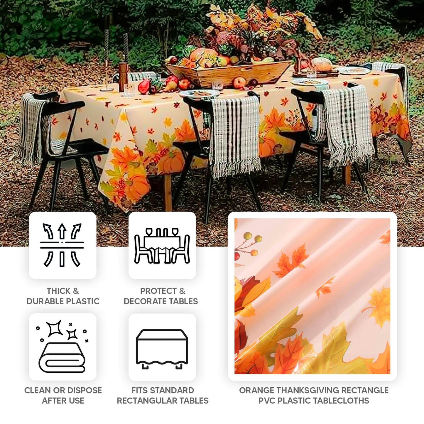 5-Pack Plastic Tablecloths Orange Thanksgiving Rectangle with Fall Leaves Pumpkin Print - Festive PVC Disposable Table Covers 54"x108"