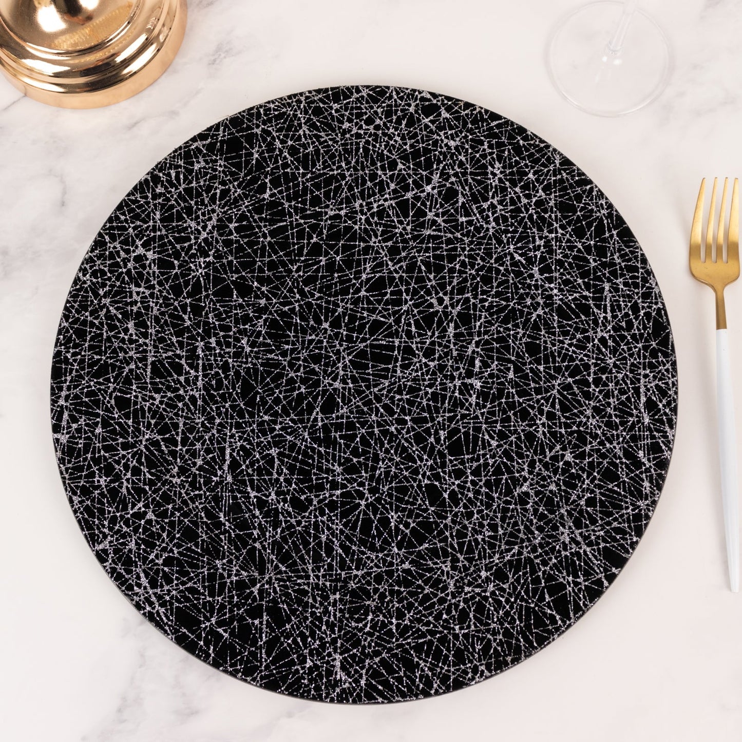 6-Pack Acrylic Round Charger Plates 13" in Black with Silver Glitter Abstract Lines Pattern, Decorative Dinner Party Charger Tableware