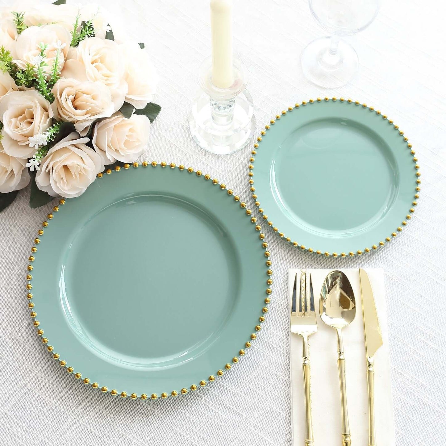 10-Pack Plastic 10" Round Dinner Plates in Dusty Sage Green with Gold Beaded Rim - Disposable Party Plates for Banquets & Festive Occasions