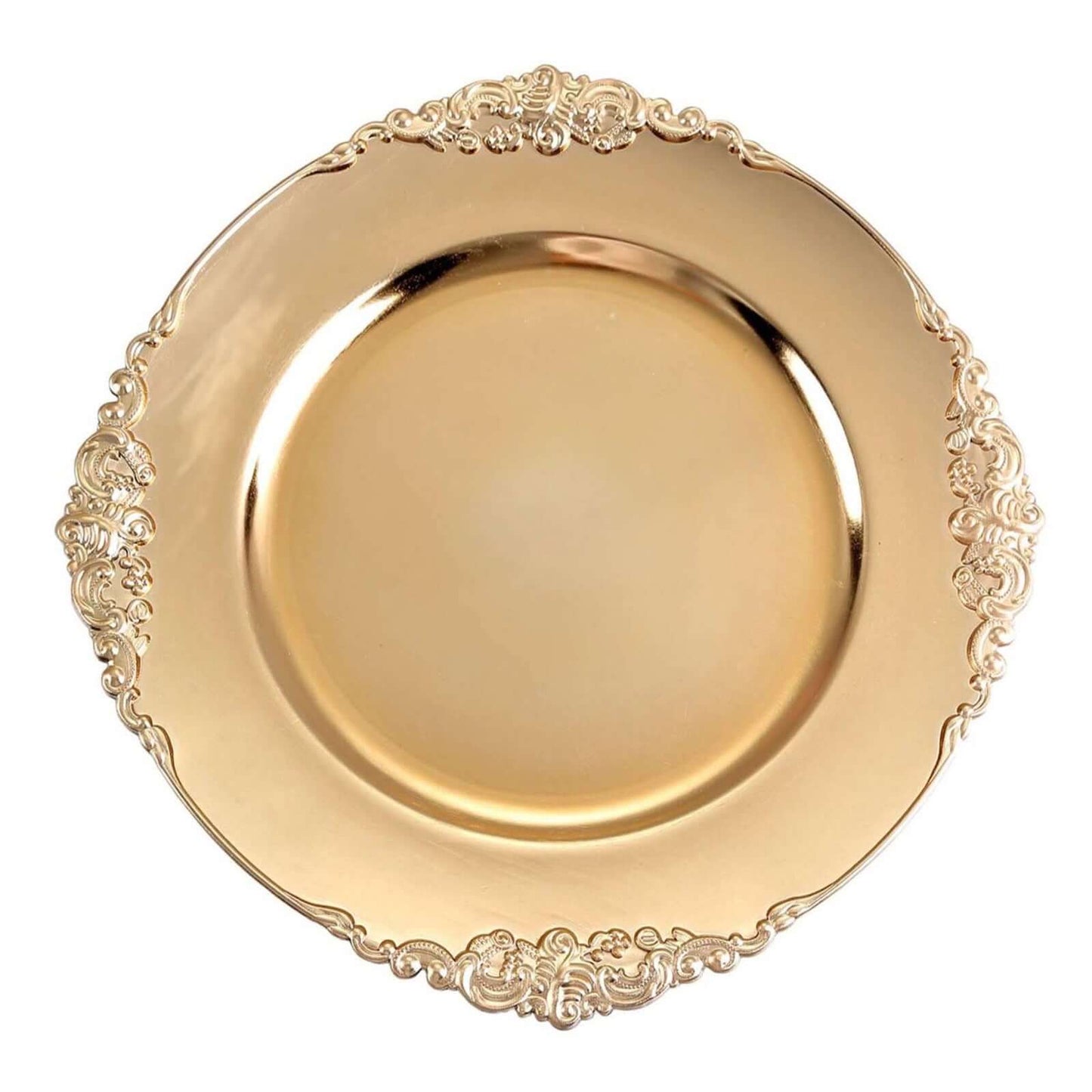6-Pack Acrylic Round Charger Plates 13" in Gold with Embossed Baroque Rim, Antique Decorative Dinner Party Charger Tableware