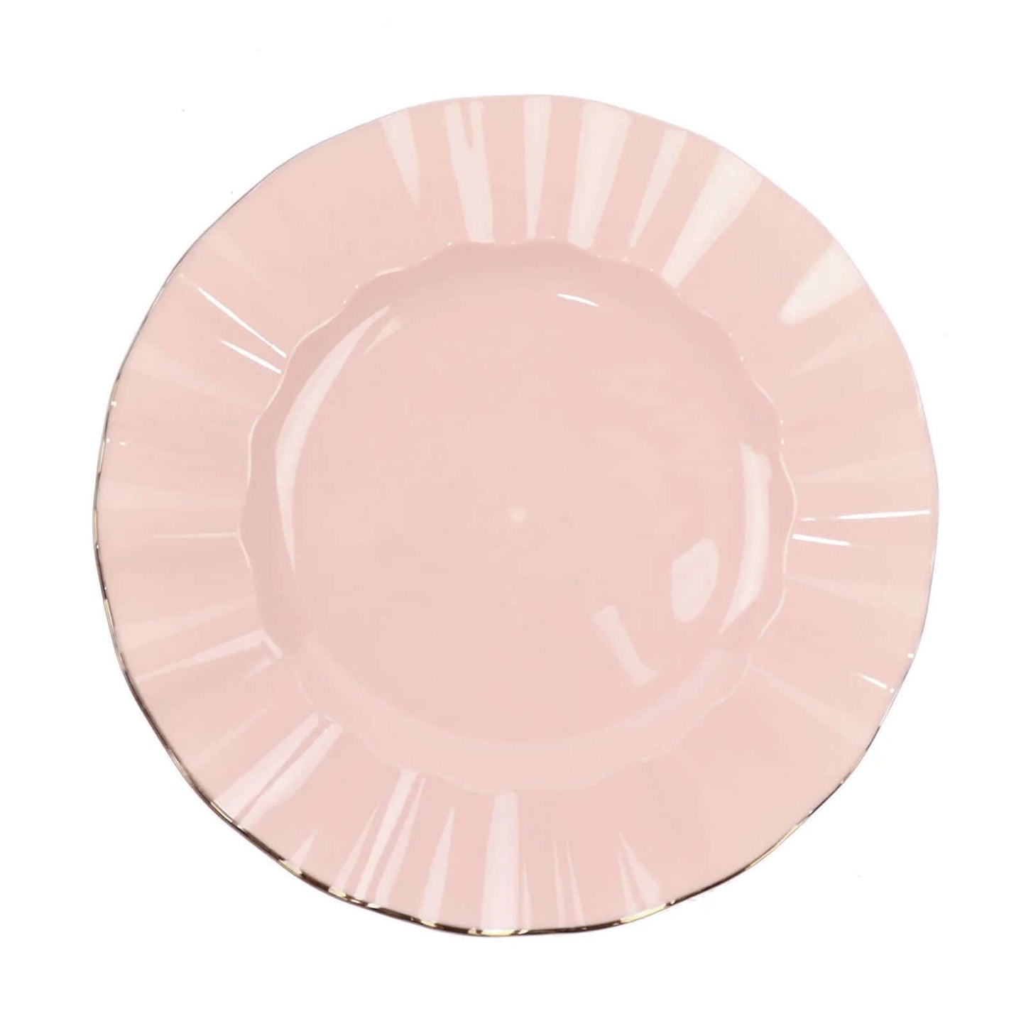 10-Pack Plastic 11" Round Dinner Plates in Blush Ruffled Rim with Gold Edging - Sturdy Disposable Dinnerware