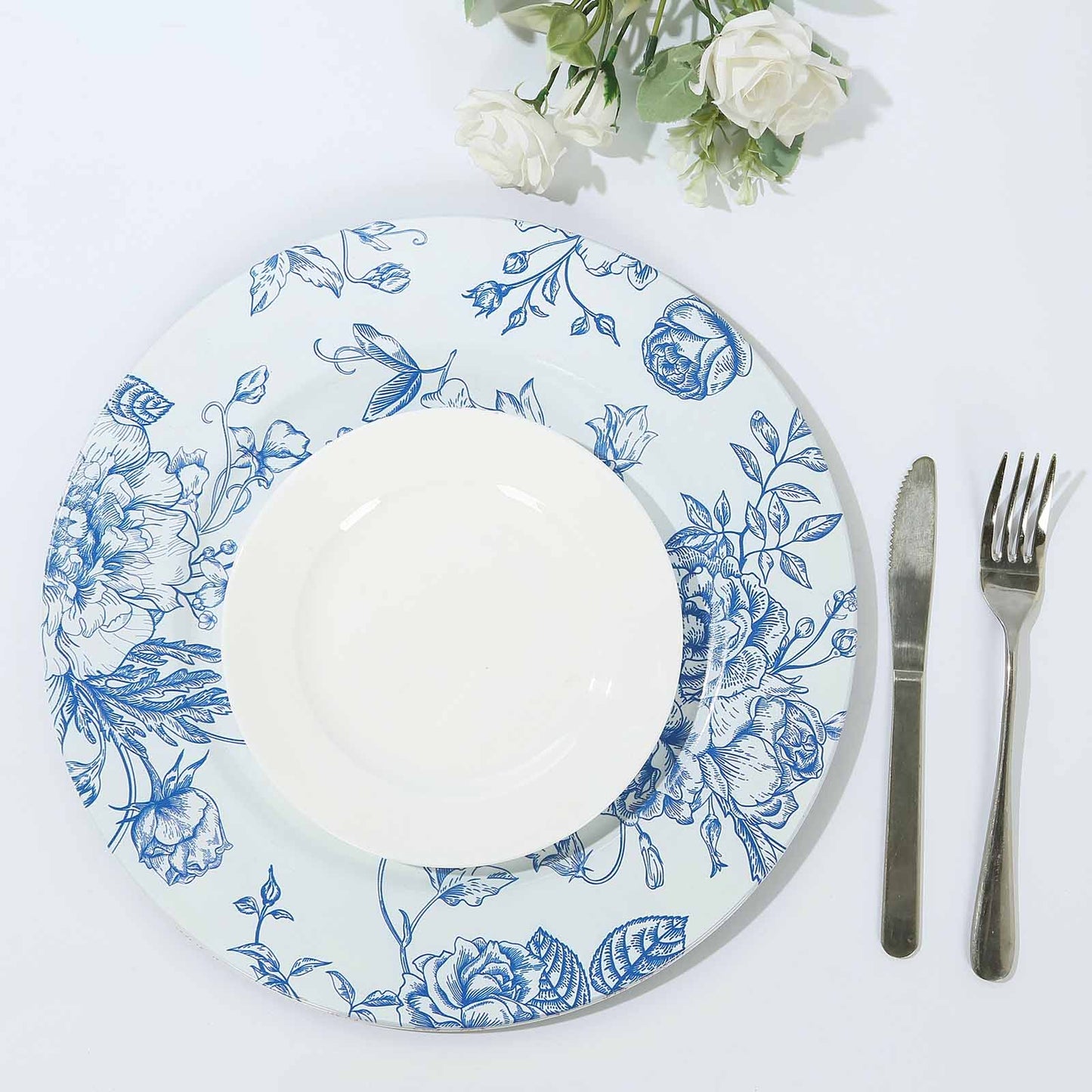 6-Pack Acrylic Round Charger Plates 13" in White with Light Blue Floral French Toile Pattern, Decorative Dinner Party Charger Tableware