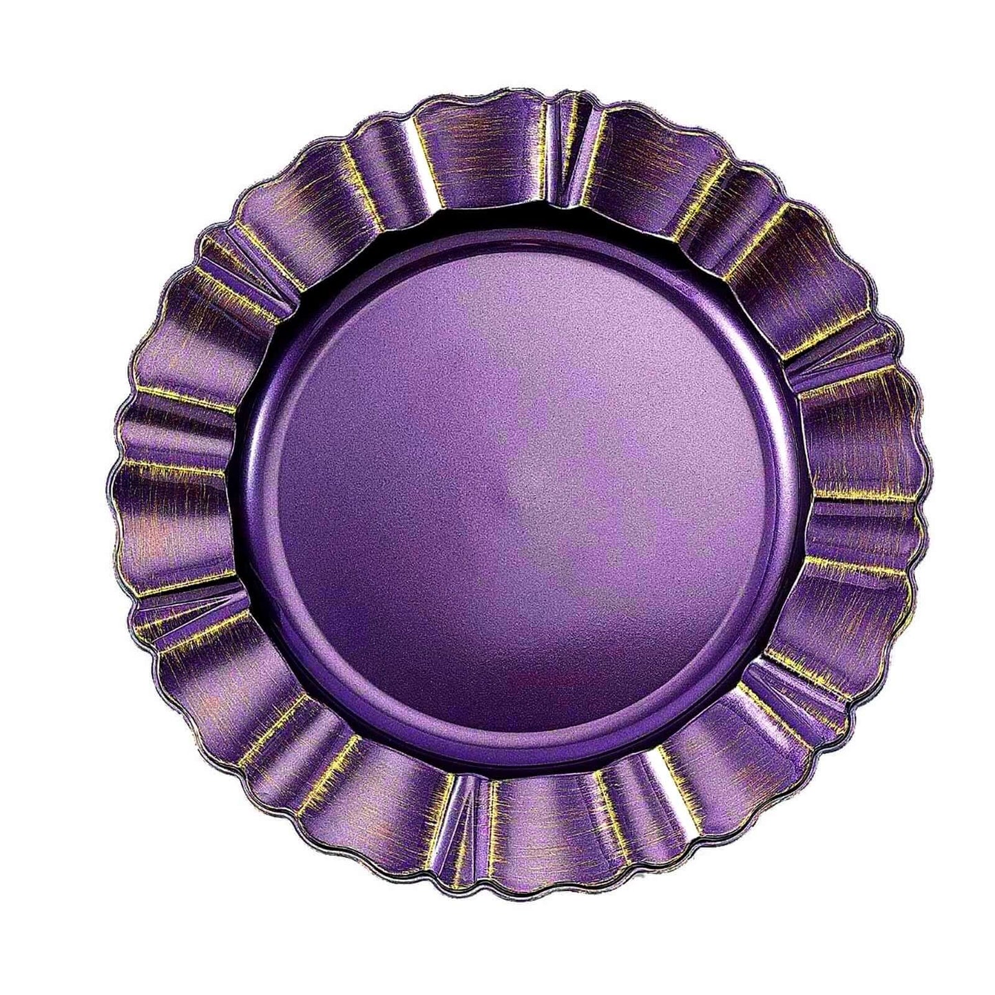 6-Pack Acrylic Plastic Round Charger Plates 13" in Purple with Gold Brushed Wavy Scalloped Rim, Decorative Dinner Party Charger Tableware
