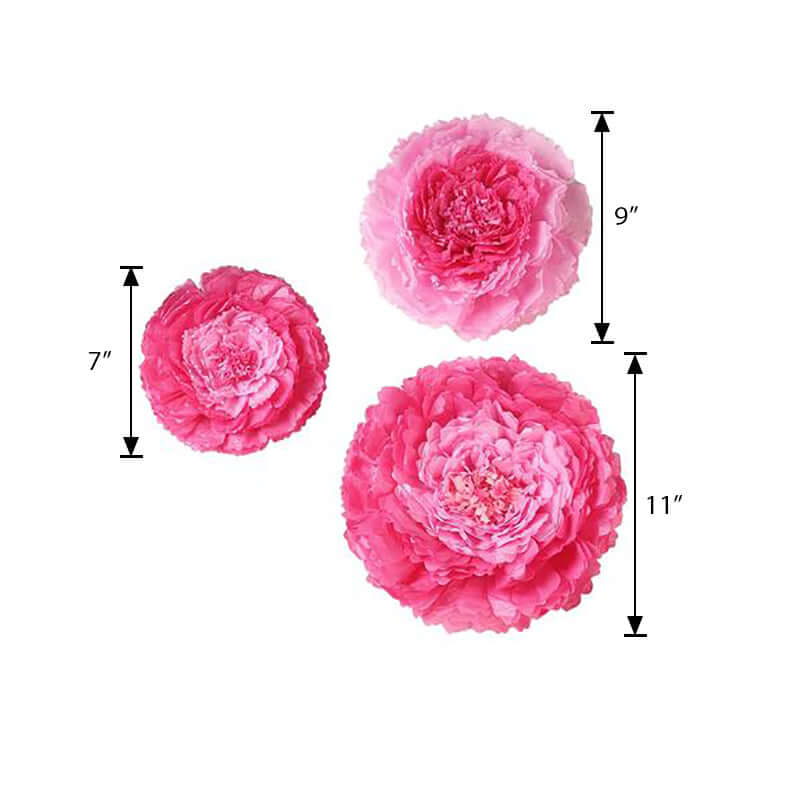 Set of 6 Pink Fuchsia Carnation 3D Paper Flowers Wall Decor - 7",9",11"