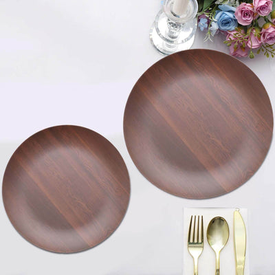 Pack of 6 Melamine 8’’ Round Dessert Plates in Brown Wood Grain Print - Disposable Shatterproof Appetizer Salad Plates