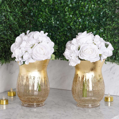 2-Pack Glass Hurricane Vases Bell Shaped Crackle Gold Curvy Design - Stylish Candle Holder Centerpieces 8"