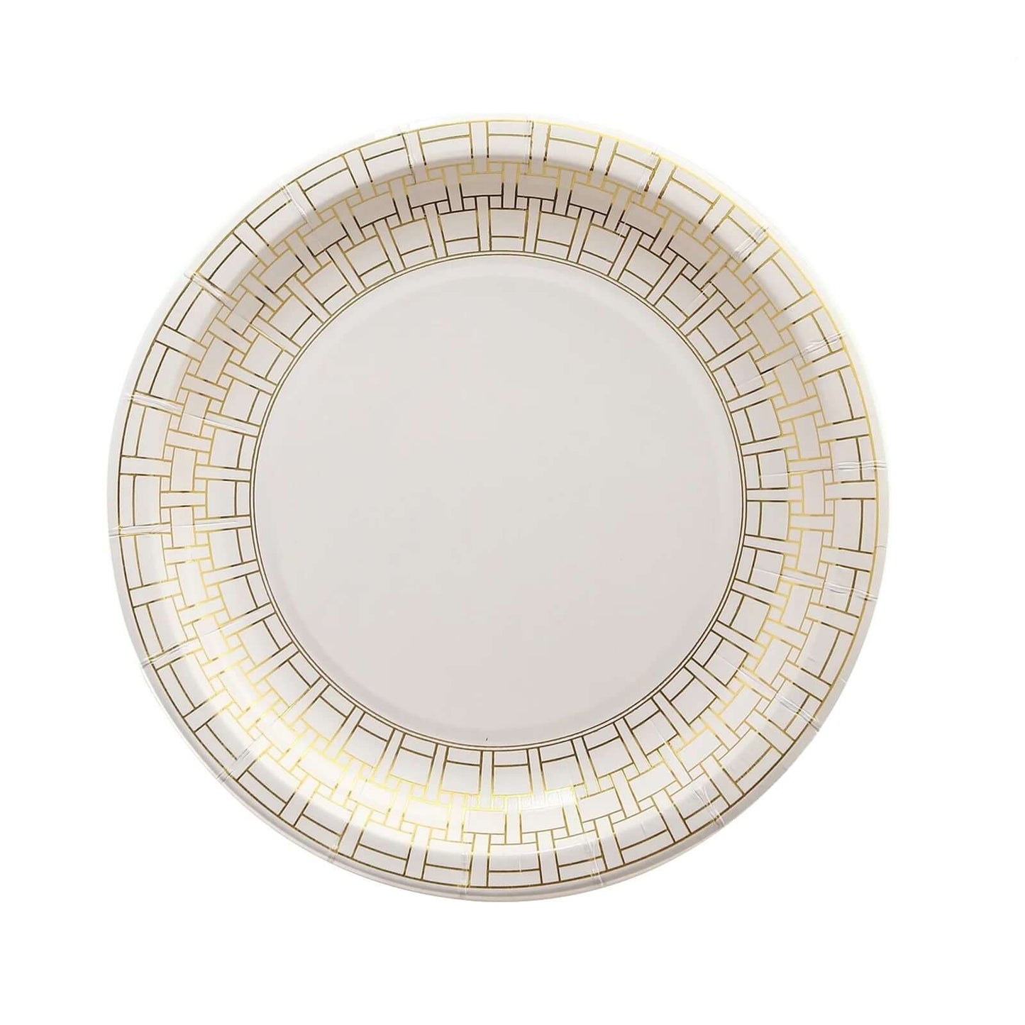 25-Pack Paper 7" Round Dessert Plates in White with Gold Basketweave Rim