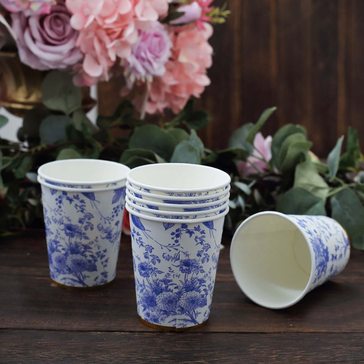 24 Pack Disposable Paper Cups in White Royal Blue French Toile Pattern with Gold Rim, Elegant Party Cups - 9oz