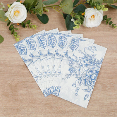 50-Pack Paper Dinner Napkins White with Matte Blue French Toile Floral Pattern 2-Ply - Stylish Disposable Napkins for Events