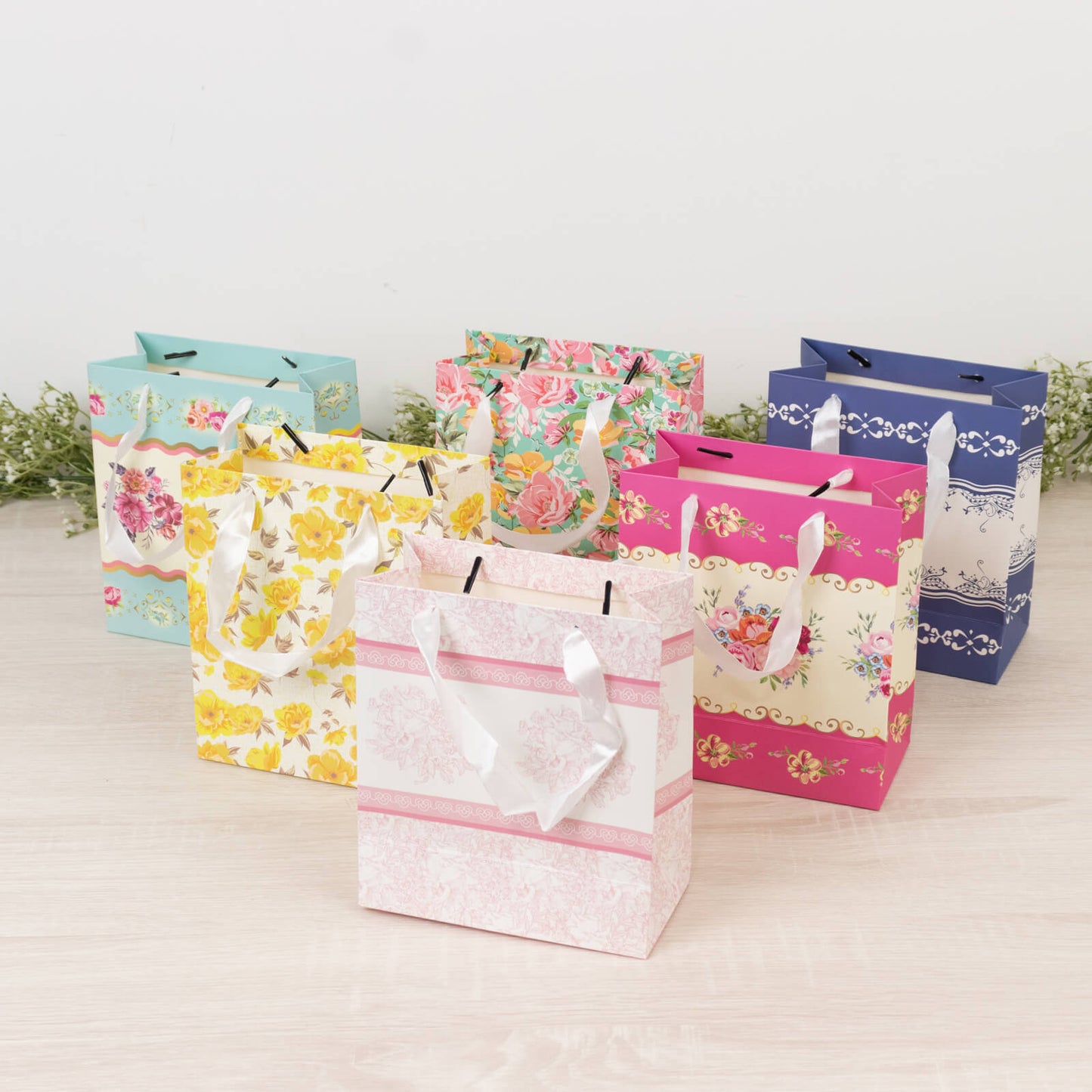 12-Pack Favor Bags Mixed Vintage Floral Tea Party â€“ Paper Gift Bags with Ribbon Handles - Elegant Goodie Bags - 6"x7"x3"
