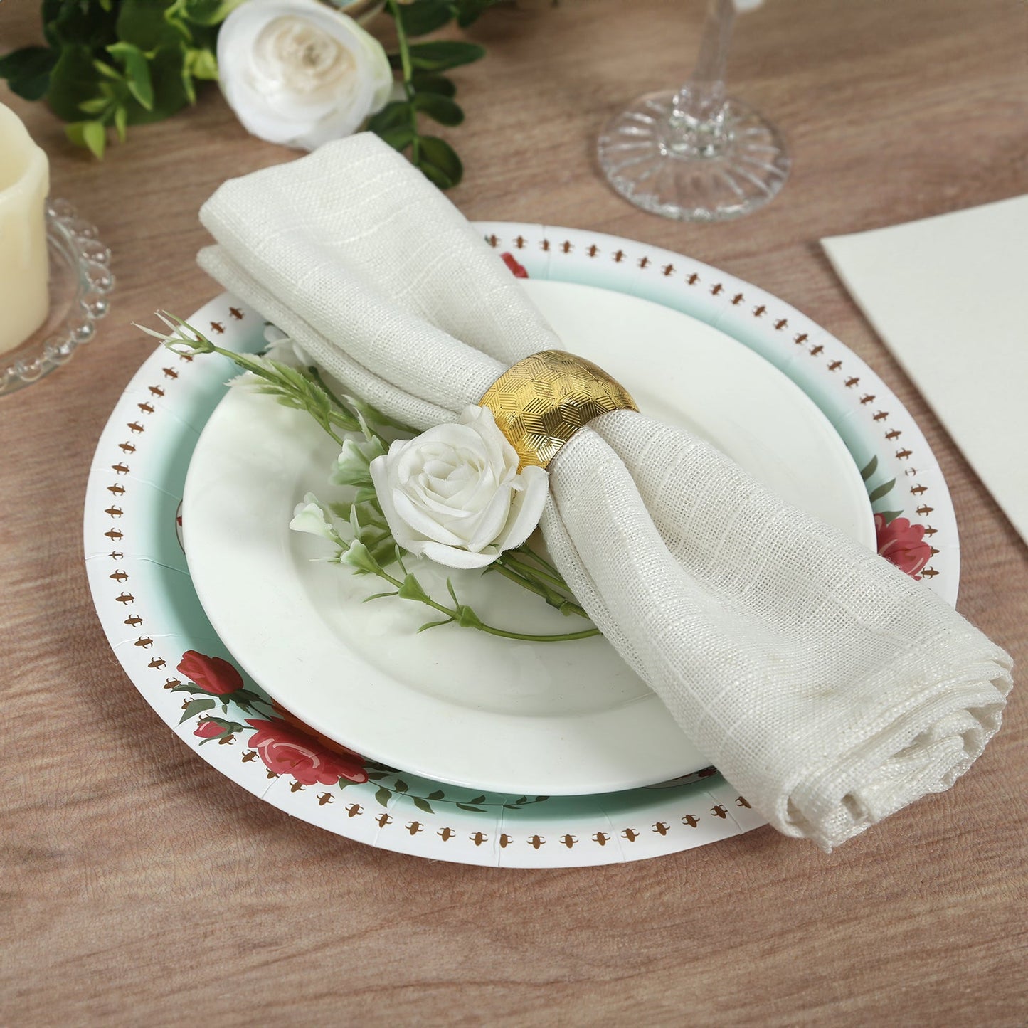 25-Pack Paper 9" Round Dinner Plates in Light Turquoise with Vintage Rose Flower Print