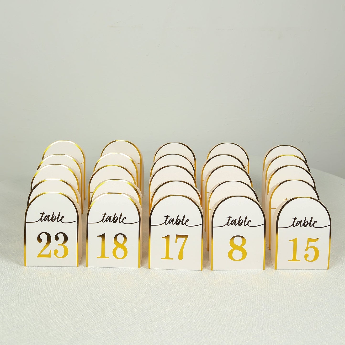 25-Pack 7" Disposable Table Numbers, White Free Standing Double Sided Table Number Place Cards with Metallic Gold Foil Numbers 1-25