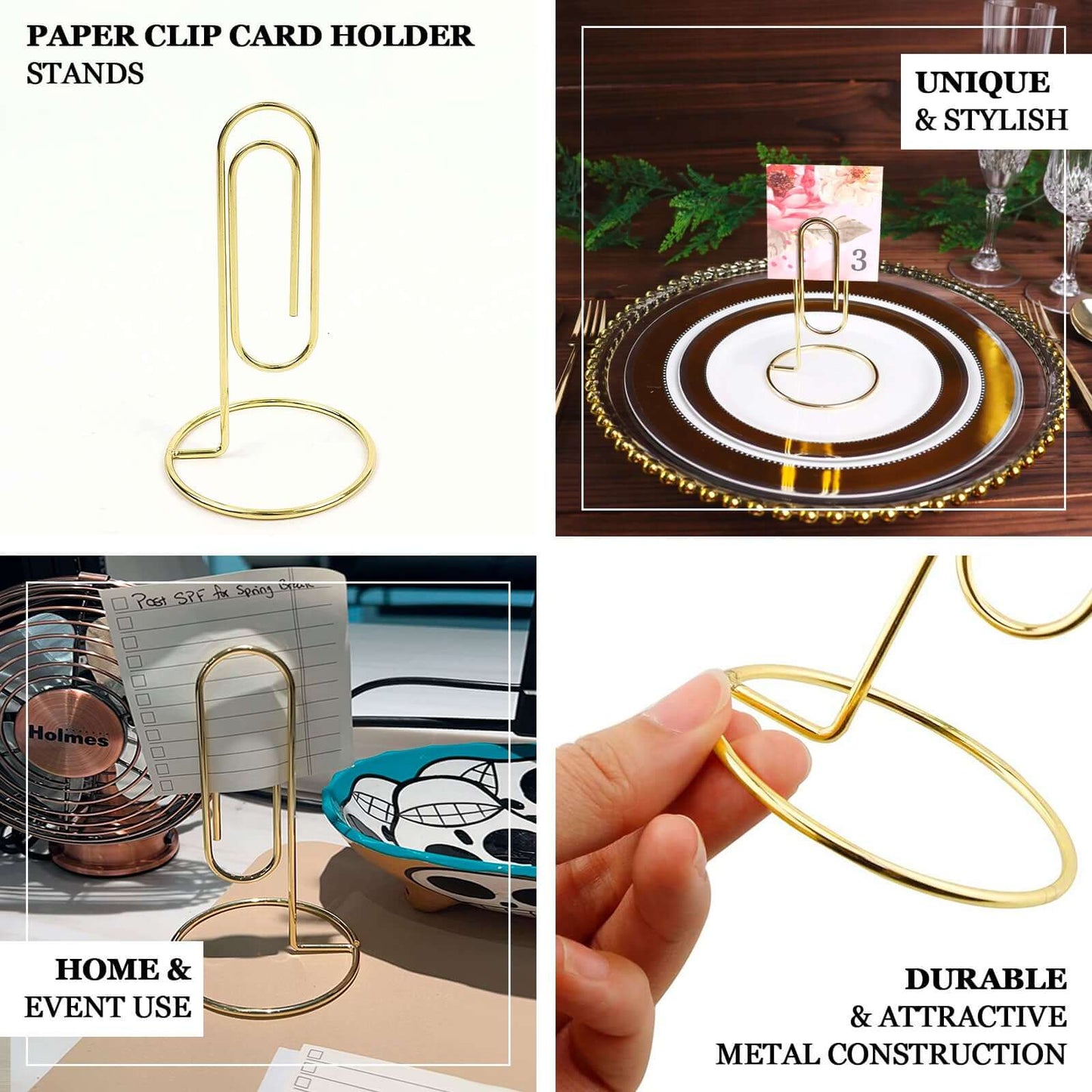 5-Pack Metal Card Holder Stands Paperclip Design Gold - Table Number Stands and Wedding Menu Clips 5"