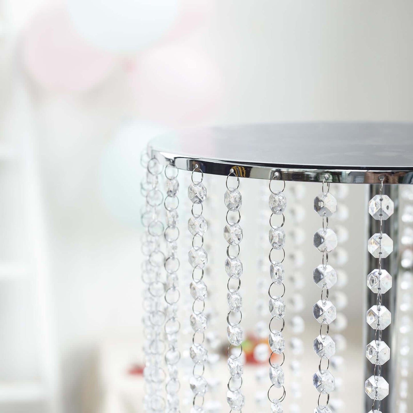 Metal Cake Stand Round Design Metallic Silver with Crystal Chains 14" Dia - Cupcake Dessert Pedestal 16"Tall