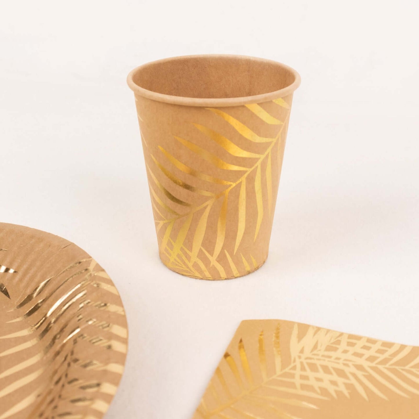 72 Pcs Paper Dinnerware Set with Gold Foil Palm Leaves Print Natural - Disposable Tableware Combo-Pack with Plates and Cups
