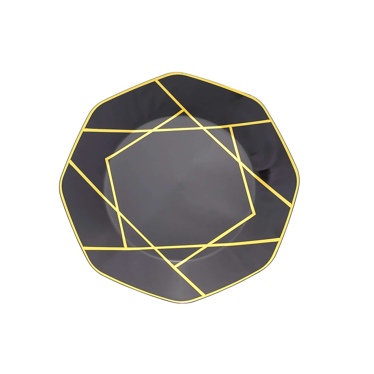 10-Pack Plastic 10" Octagon Dinner Plates in Black - Modern Disposable Party Plates with Gold Geometric Design for Special Occasions & Celebrations