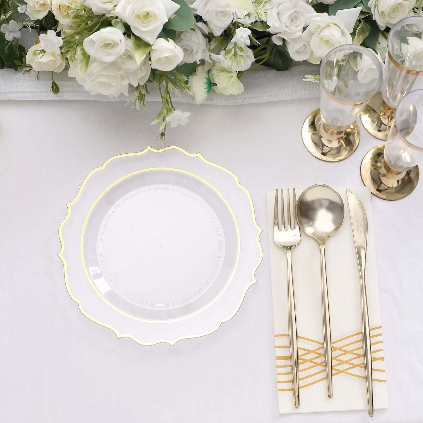 10-Pack Plastic 8" Round Dessert Plates in Clear with Gold Scalloped Rim - Disposable Appetizer/Salad Plates