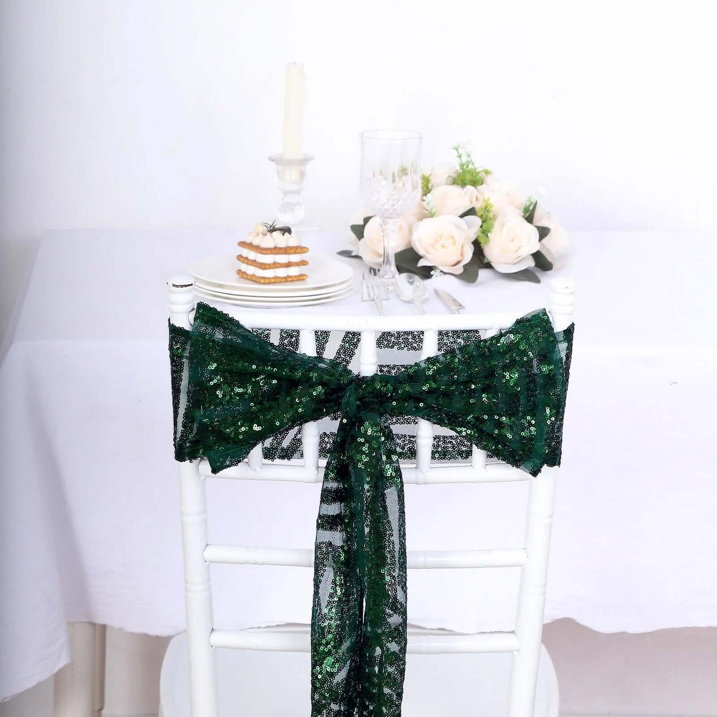 5 Pack Glitz Sequin Chair Sashes with Geometric Diamond Design 6"x88" Hunter Emerald Green