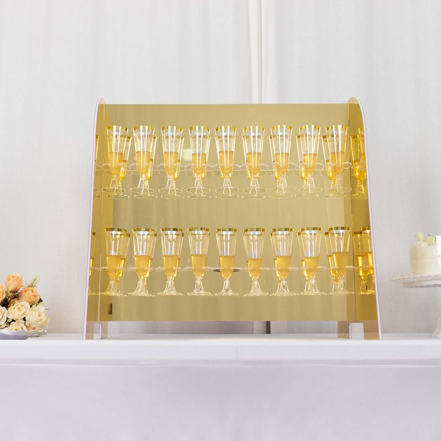 2-Tier Champagne Glass Holder Display Stand Table Top in Gold Mirror Finish - Modern Stemware Rack Cocktail Drink Holder with 18 Hooks for Events & DIY Bars 25"