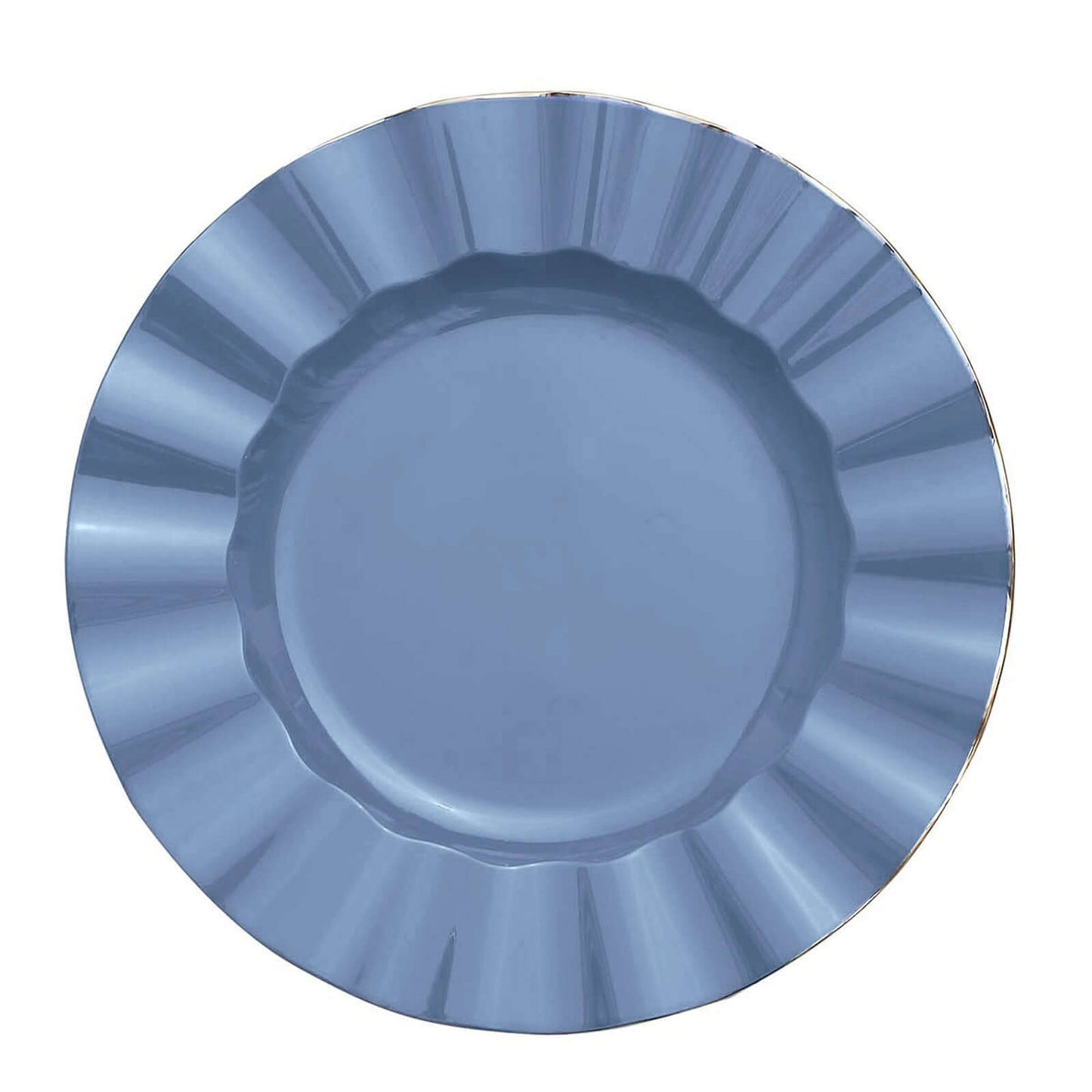 10-Pack Plastic 9" Round Dinner Plates in Ocean Blue Ruffled Rim with Gold Edging - Sturdy Disposable Dinnerware
