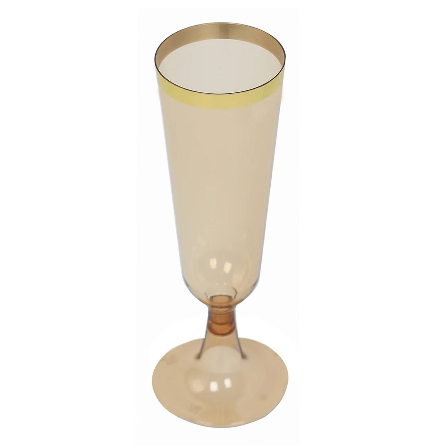 12-Pack Plastic Champagne Flutes Transparent Amber Gold with Gold Rim - Stylish Disposable Cocktail Glasses for Parties 5oz 6"