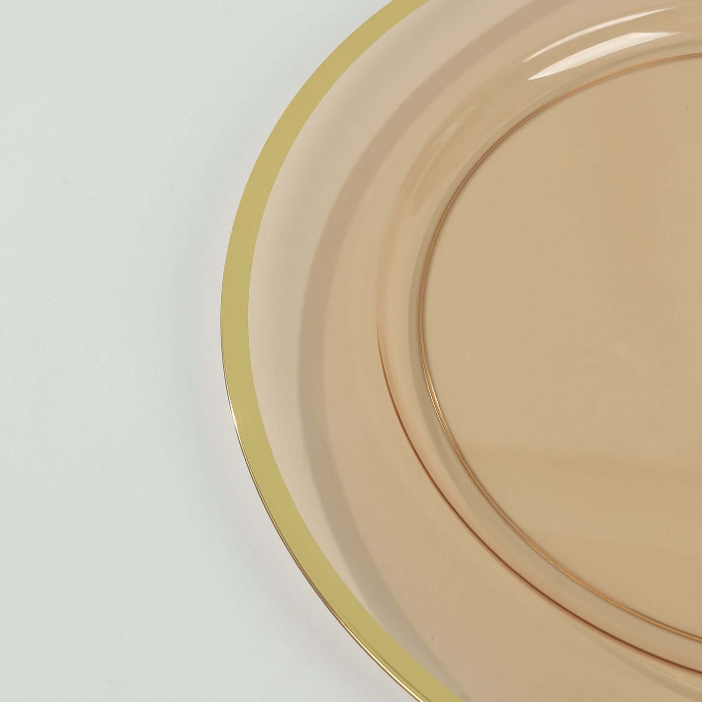 10-Pack Economy Plastic Round Charger Plates 12" in Transparent Amber Gold with Wide Gold Rim, Decorative Dinner Party Serving Plates