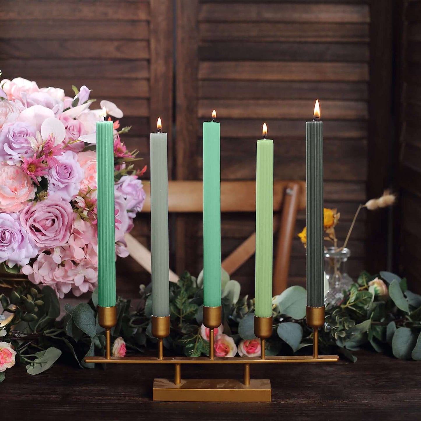 5-Pack Taper Candles Ribbed Wick Ribbon Wax Design Assorted Green - Premium Unscented Dinner Candles 9"