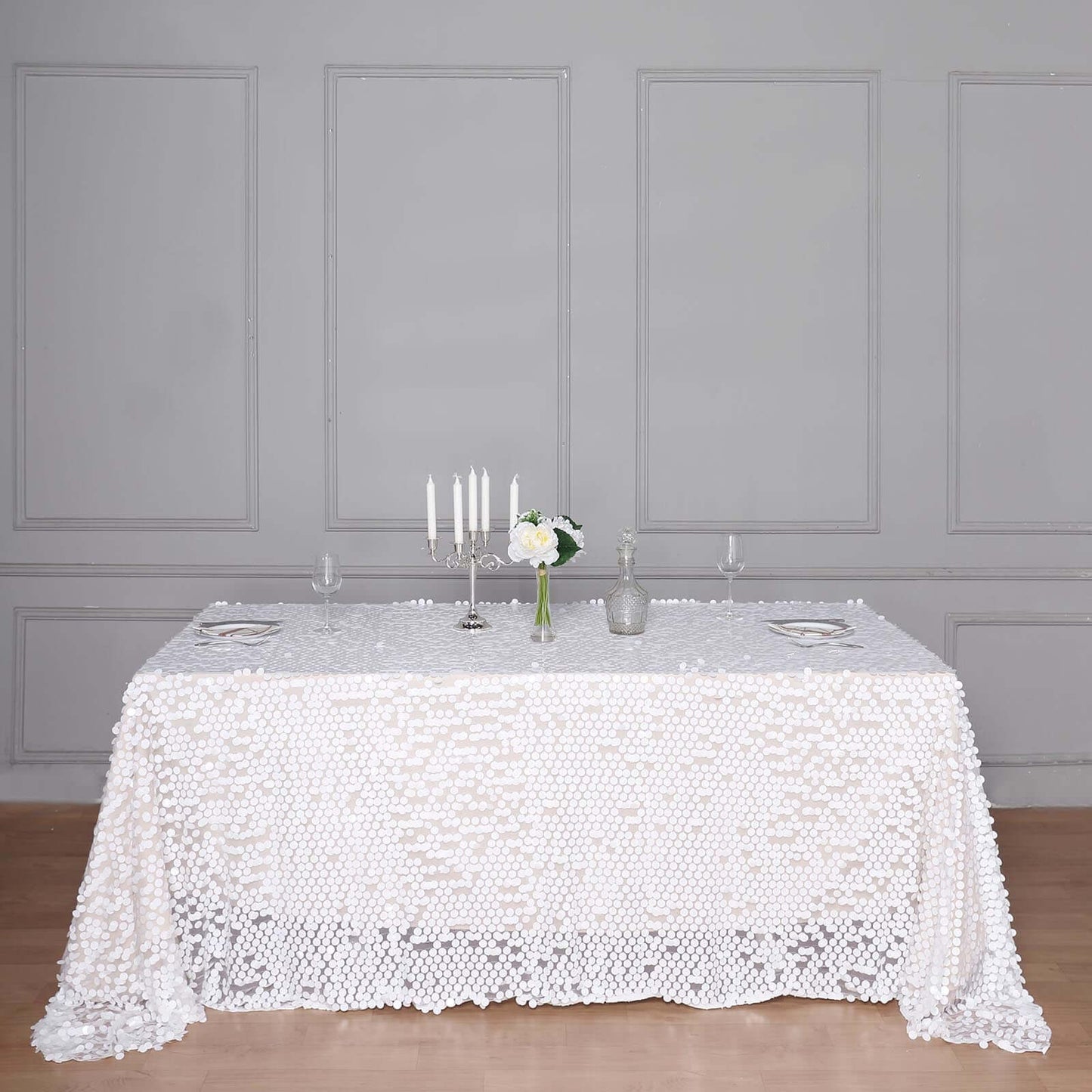 Sequin 90"x156" Rectangle Tablecloth White - Seamless Big Payette Table Cover