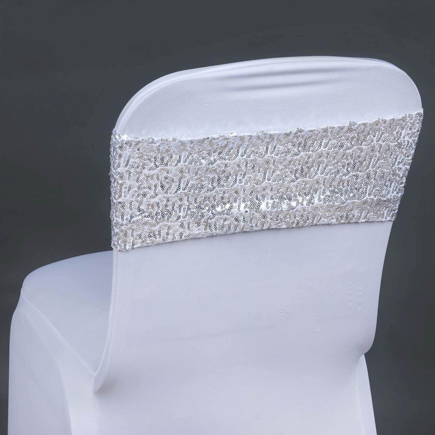 5 Pack Sequin Spandex Chair Sashes Silver - Stretch Chair Bands 6"x15"