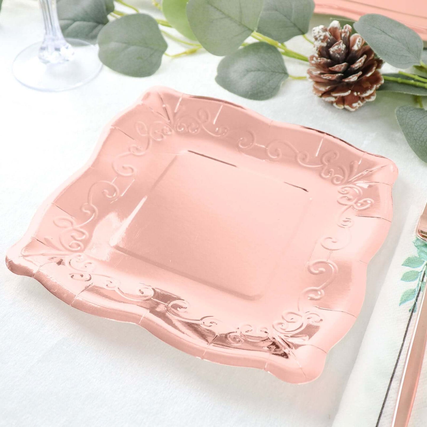 25-Pack Paper 7" Square Dessert Plates in Rose Gold with Vintage Pottery Embossed Design - Shiny Metallic Disposable Appetizer Plates