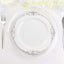 10-Pack Plastic 10" Round Dinner Plates in White with Silver Leaf Embossed Rim - Disposable Vintage Baroque Style Plates