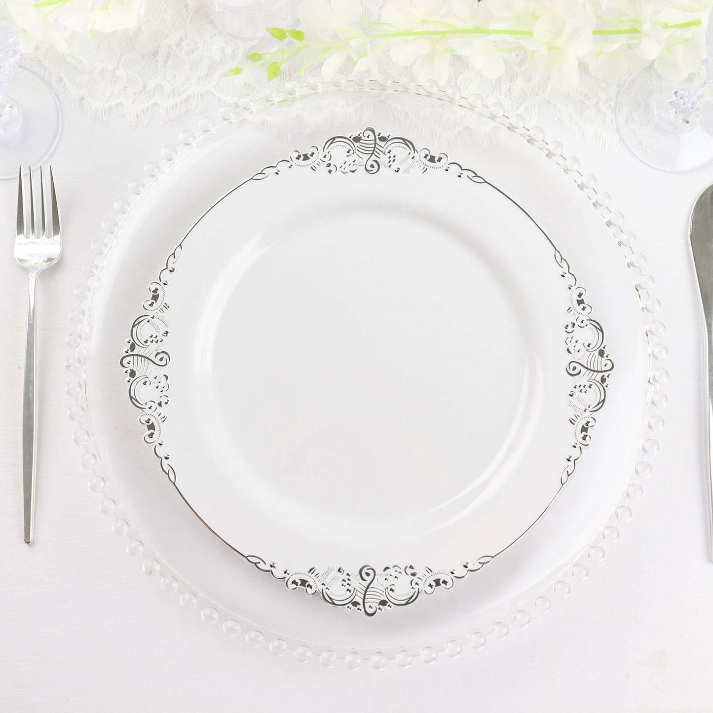10-Pack Plastic 10" Round Dinner Plates in White with Silver Leaf Embossed Rim - Disposable Vintage Baroque Style Plates