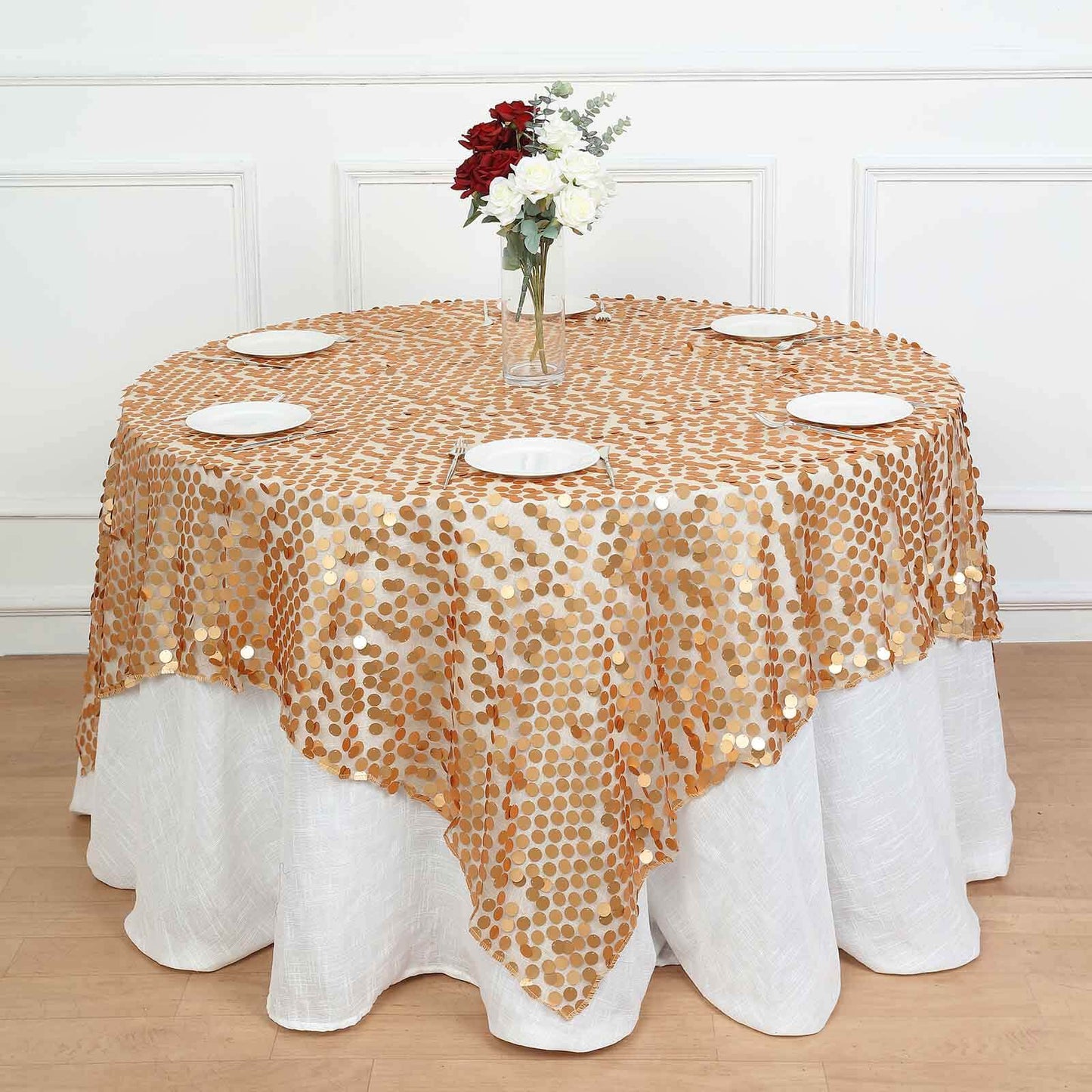 Sequin 72"x72" Table Overlay Square Tablecloth Matte Champagne - Big Payette Table Cover