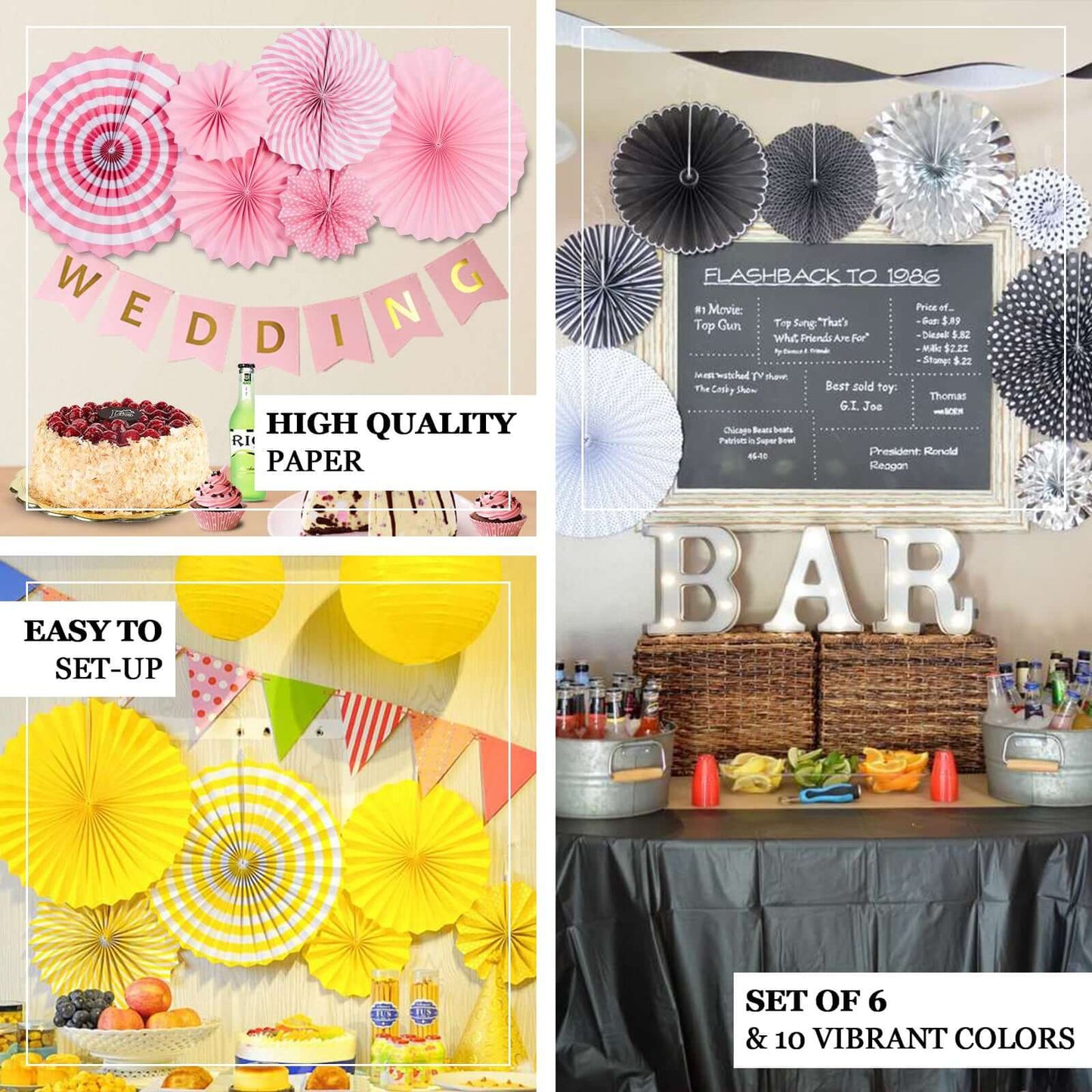 Set of 6 Black White Hanging Paper Fan Decorations, Pinwheel Wall Backdrop Party Kit - 8", 12", 16"