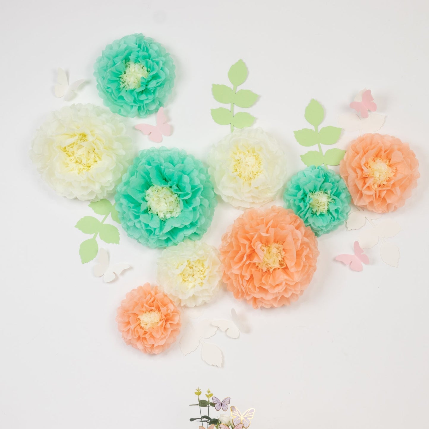 Set of 21 Tissue Paper Flowers Pom Poms Decor Kit â€“ Cream Peach 3D Chrysanth Floral Wall Decor with Butterflies & Olive Leaves - 8",10",12"