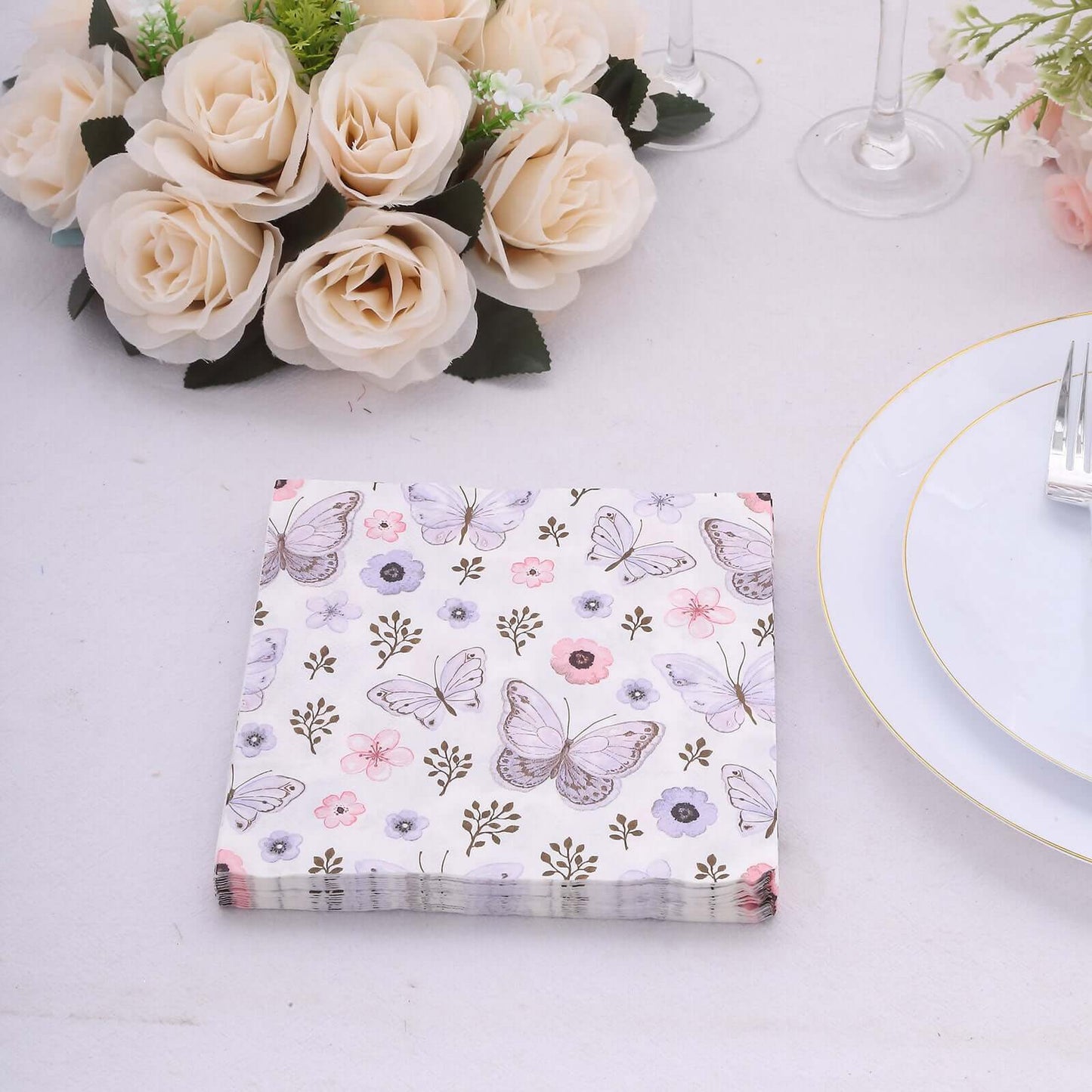 20-Pack Paper Beverage Napkins with Lavender Butterfly Floral Design Ivory - 2 Ply Soft 18GSM Garden Wedding Napkins 6.5"x6.5"