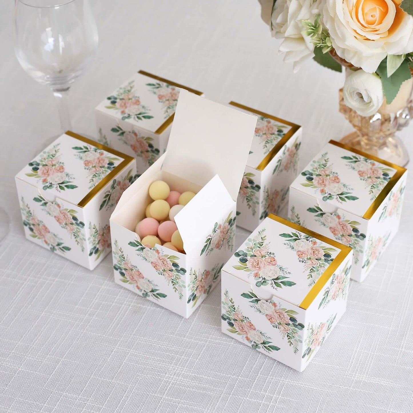 25 Pack White Pink Peony Flowers Print Paper Favor Boxes with Gold Edge, Cardstock Party Shower Candy Gift Boxes - 3"x3"x3"