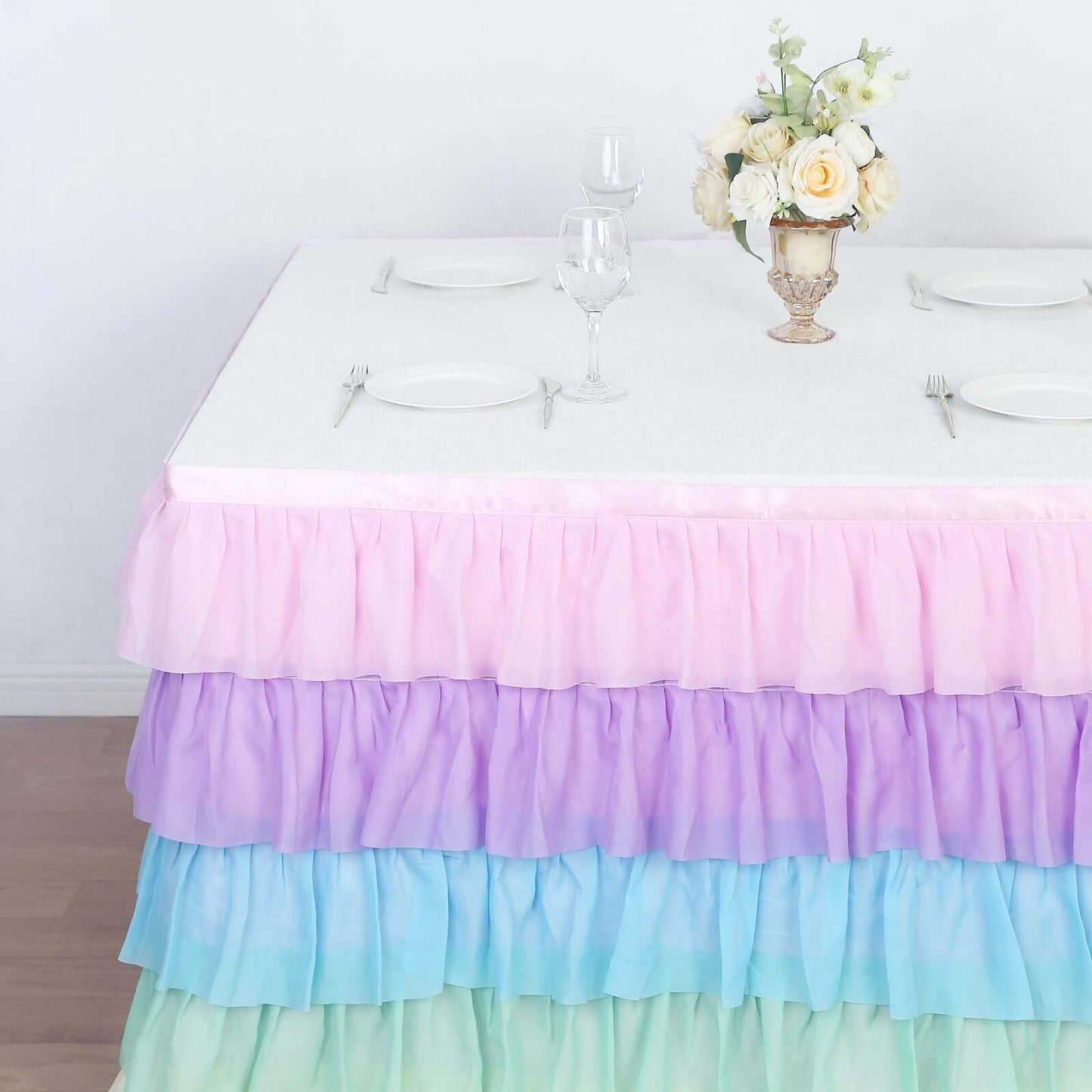 Chiffon 14ft Table Skirt Gradient Unicorn - 5-Tier Ombre Ruffled Tutu Table Cover with Satin Backing for Enchanting Events