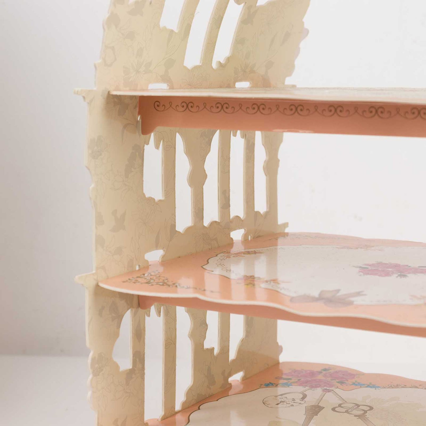 3 Tier Cardboard Cupcake Stand White/Peach Birdcage Style - Charming Reusable Cake Display Holder with Floral Print for Dessert Bars Afternoon Teas & Party Decor 18"