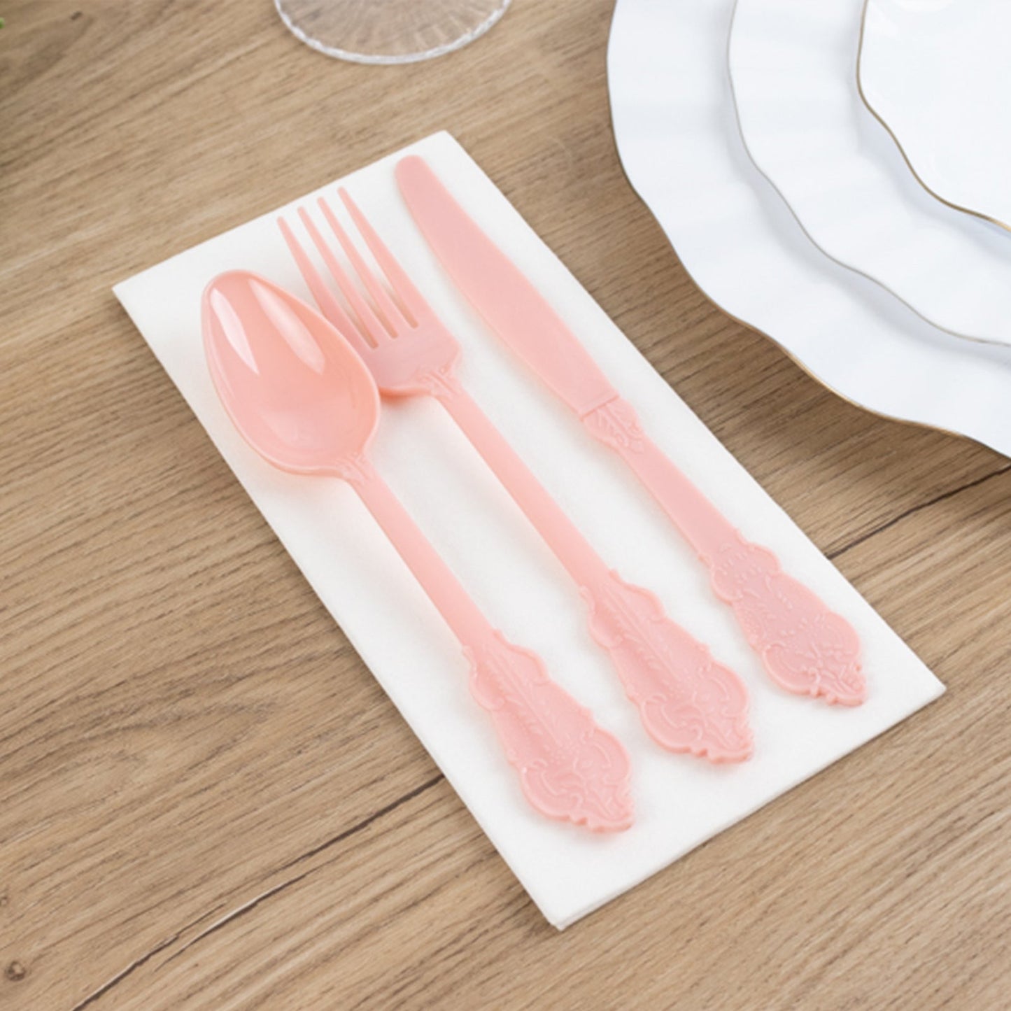 72 Pcs Plastic Silverware Set in Baroque Style Dusty Rose - Heavy Duty Disposable Knife, Fork, and Spoon Set