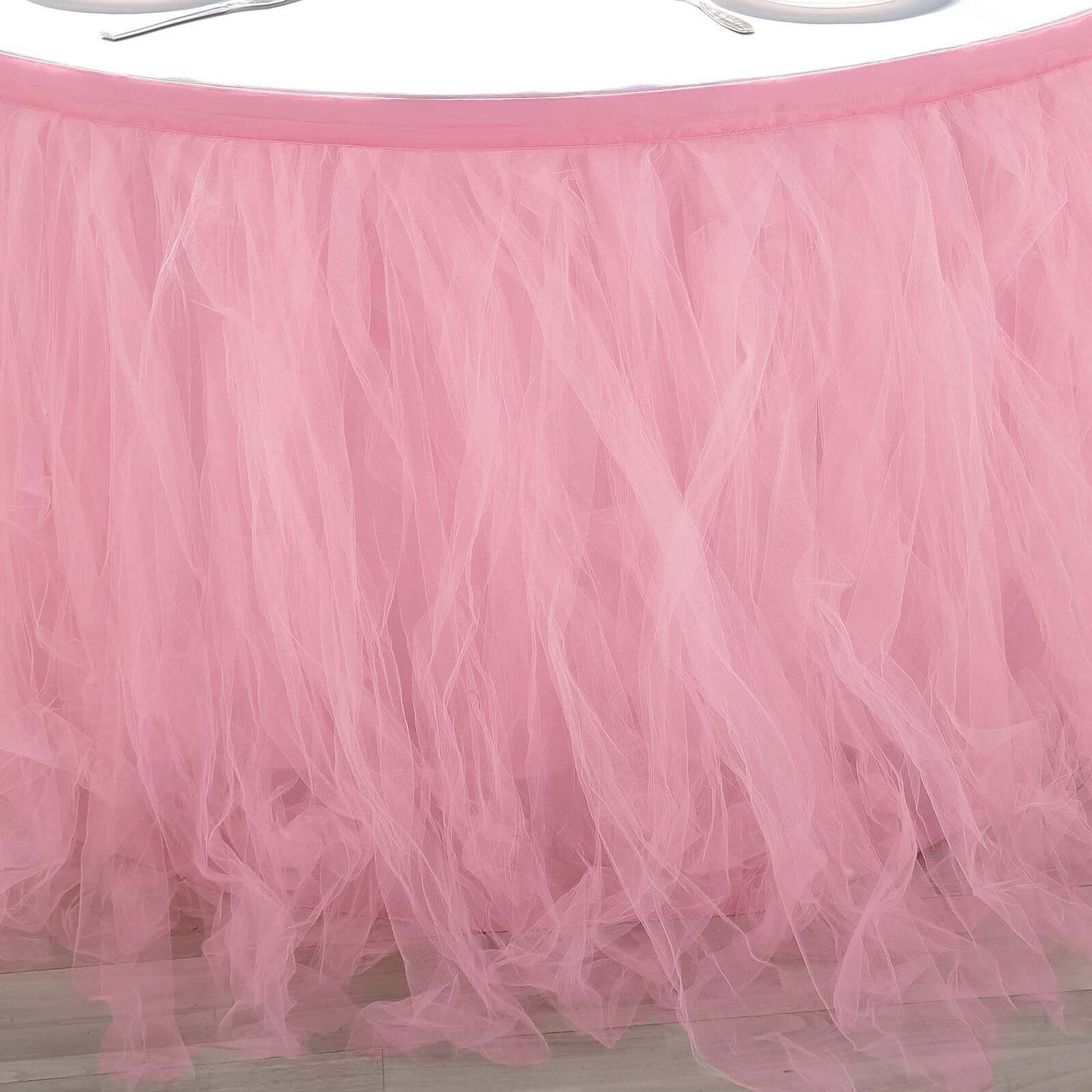 Tulle 21ft Table Skirt Pink/Rose Quartz - 4 Layer Pleated Tutu Table Cover