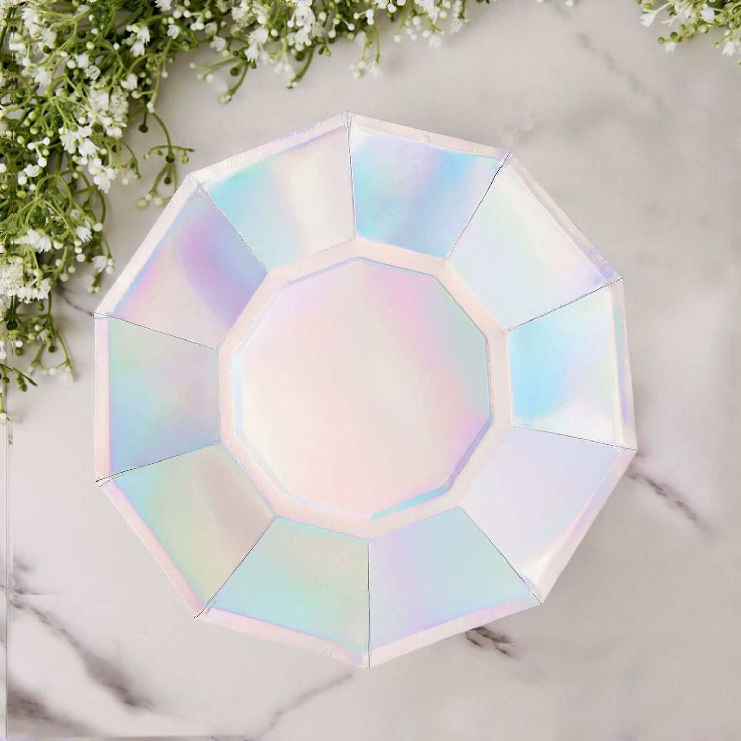 25-Pack Paper 9" Decagon Dinner Plates in Iridescent - Disposable Geometric Party Plates for Disco & Space Themed Events