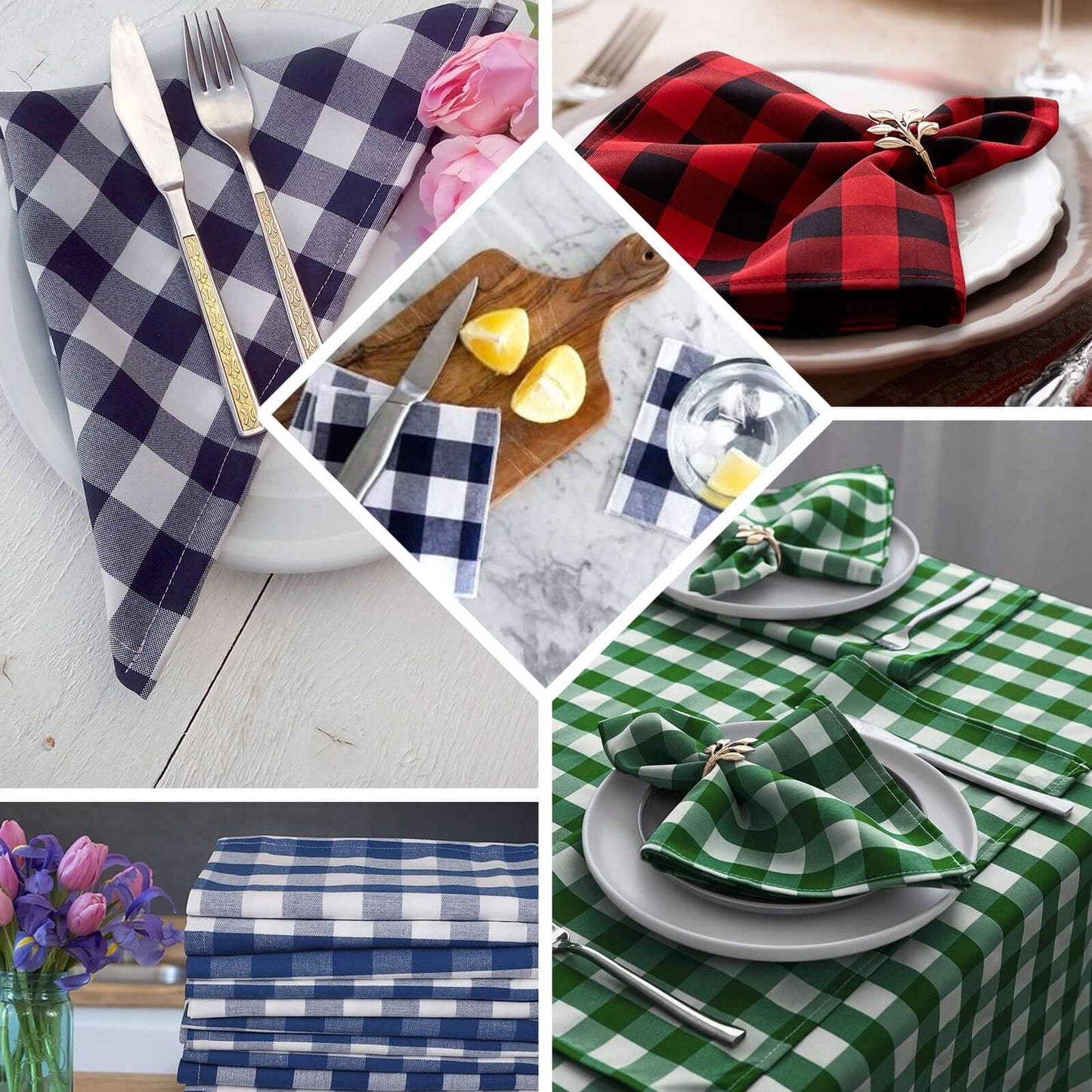 5 Pack Polyester 15"x15" Napkins Black/Red Buffalo Plaid Gingham Style Cloth Napkins