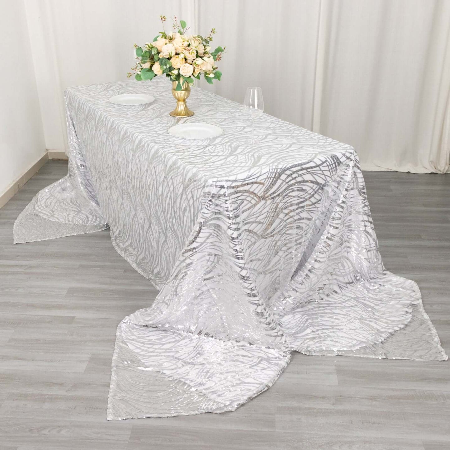 Mesh 90"x156" Rectangle Tablecloth Silver - Wave Sequin Embroidered Table Cover