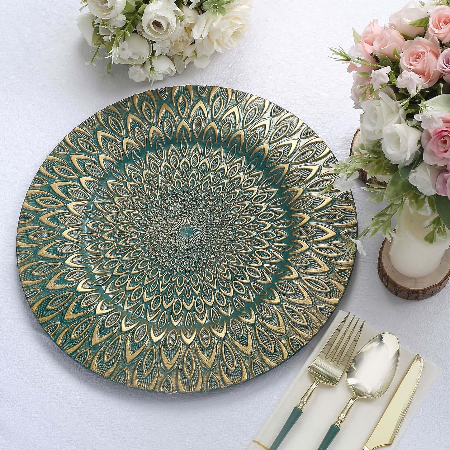 6-Pack Plastic Round Charger Plates 13" in Teal with Gold Embossed Peacock Pattern, Stylish Disposable Charger Tableware