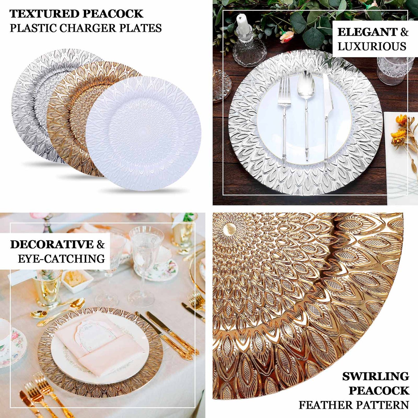 6-Pack Plastic Round Charger Plates 13" in Silver with Embossed Peacock Pattern, Stylish Disposable Charger Tableware